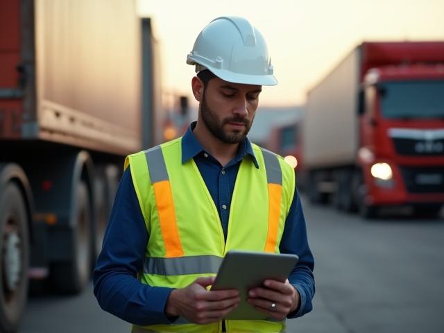 Peters Trucking professional driver in safety gear inspecting a load