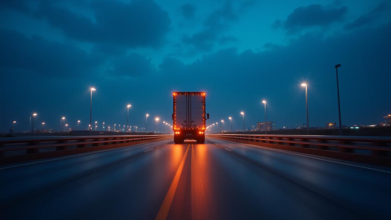 Heavy-duty truck crossing the border at night with motion lighting, symbolizing 24/7 cross-border operations.