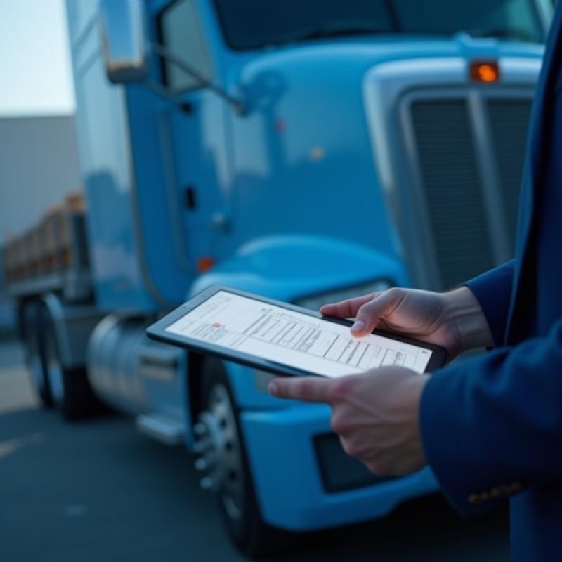 Logistics manager checking safety certifications on a heavy haul truck