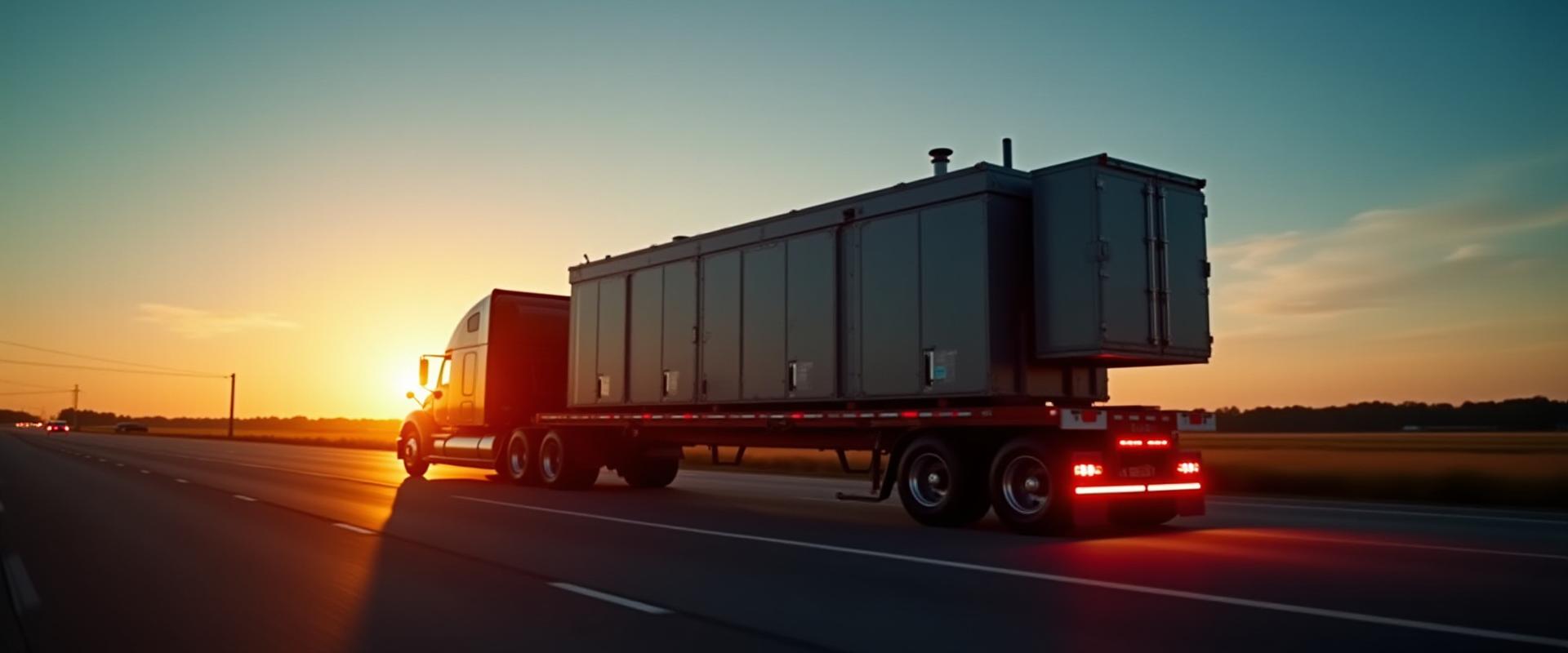 Oversized electrical transformer being transported on a multi-axle trailer at sunset