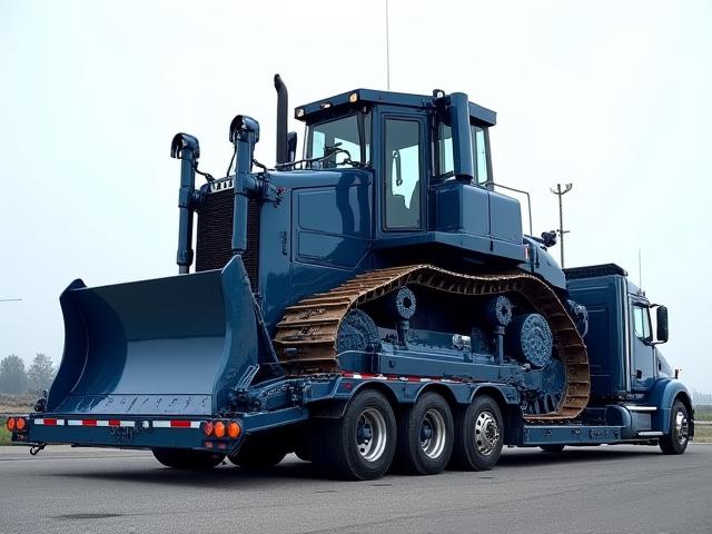 RGN lowboy transporting a large bulldozer