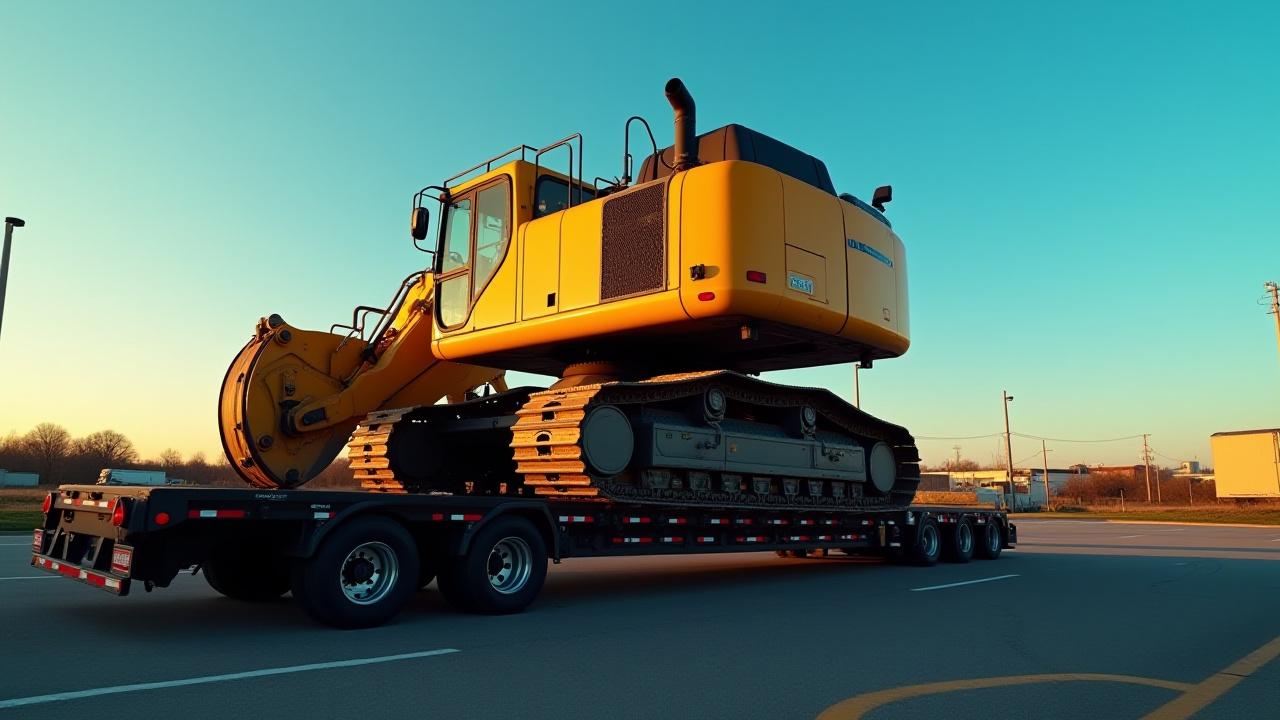 Heavy construction excavator secured on a Peters Trucking flatbed trailer in Chesapeake
