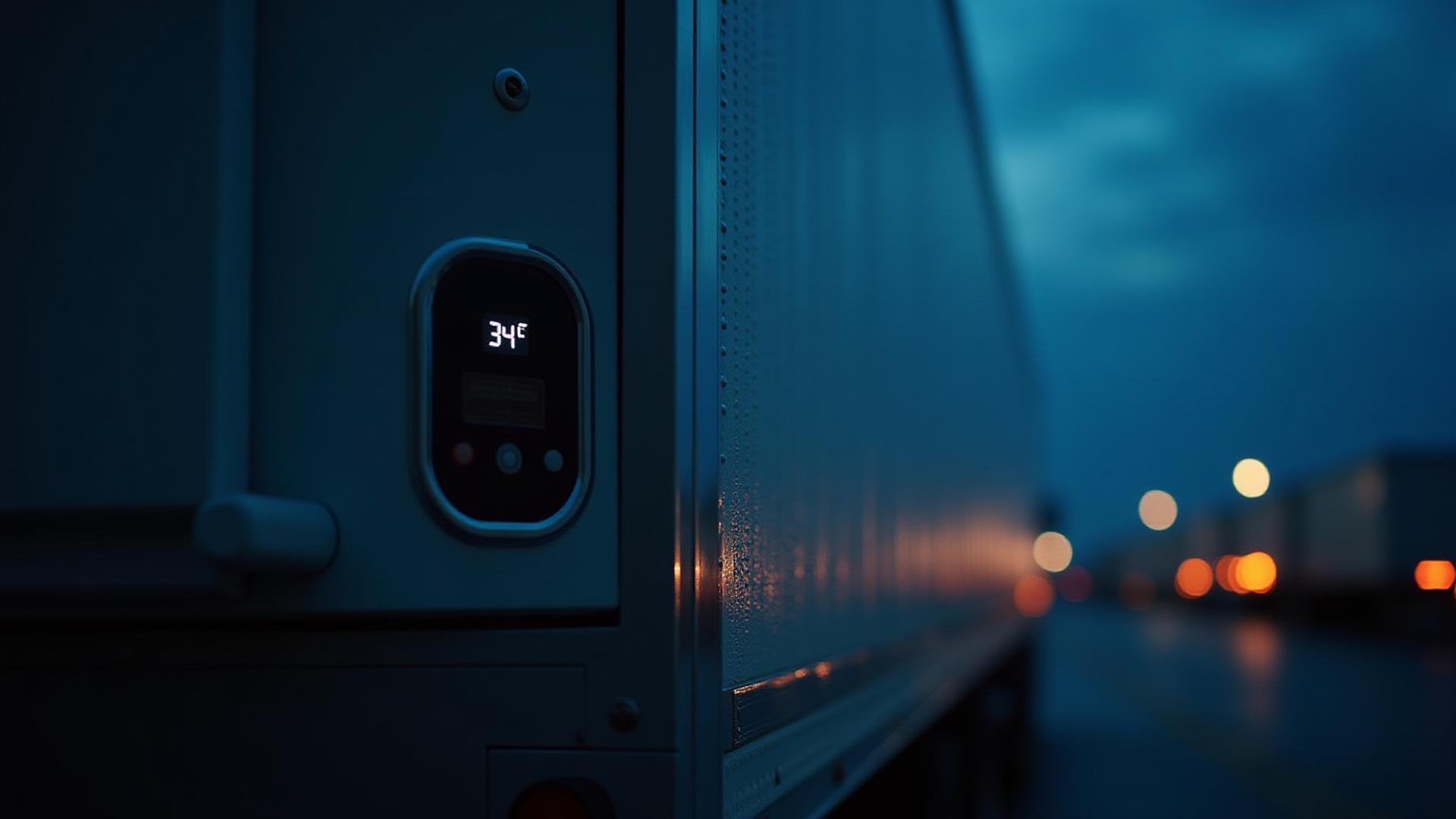 Close up of a refrigerated trailer unit showing condensation and frost in a high-tech logistics environment